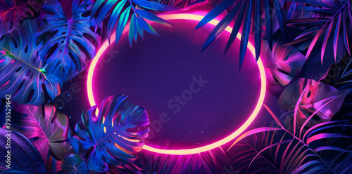 Vibrant neon blue and purple tropical palm leaves and plants, neon oval frame, abstract banner, background