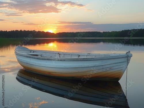 Lakeside Harmony - Peace - Twilight Reflections - A rowboat drifting on a tranquil lake mirroring the evening sky © SurfacePatterns