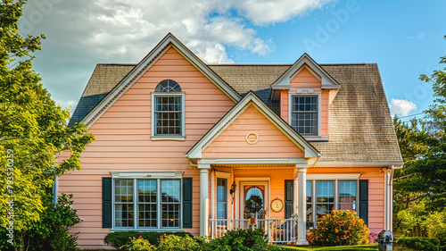 A sunny peach-colored house with traditional windows and shutters brightens up the suburban landscape, adding a touch of cheer to the neighborhood on a beautiful day.