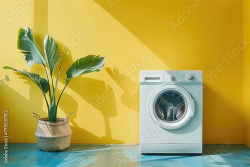 Modern washing machine near color wall in laundry room interior, space for tex --ar 3:2 --v 6.0 - Image #4 @kashif320
