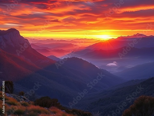 Mountain Range - Magnificence - Rocky Silhouettes - A stunning vista of rugged mountain ranges silhouetted against a fiery sunset sky, evoking a sense of awe and wonder at the raw power of nature 