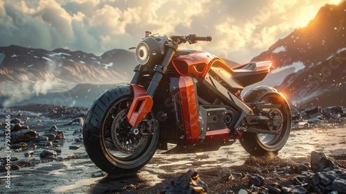 Illustrate a rugged electric adventure bike navigating a desolate, postapocalyptic highway, its advanced offroad capabilities allowing it to tackle debris and obstacles with ease photo