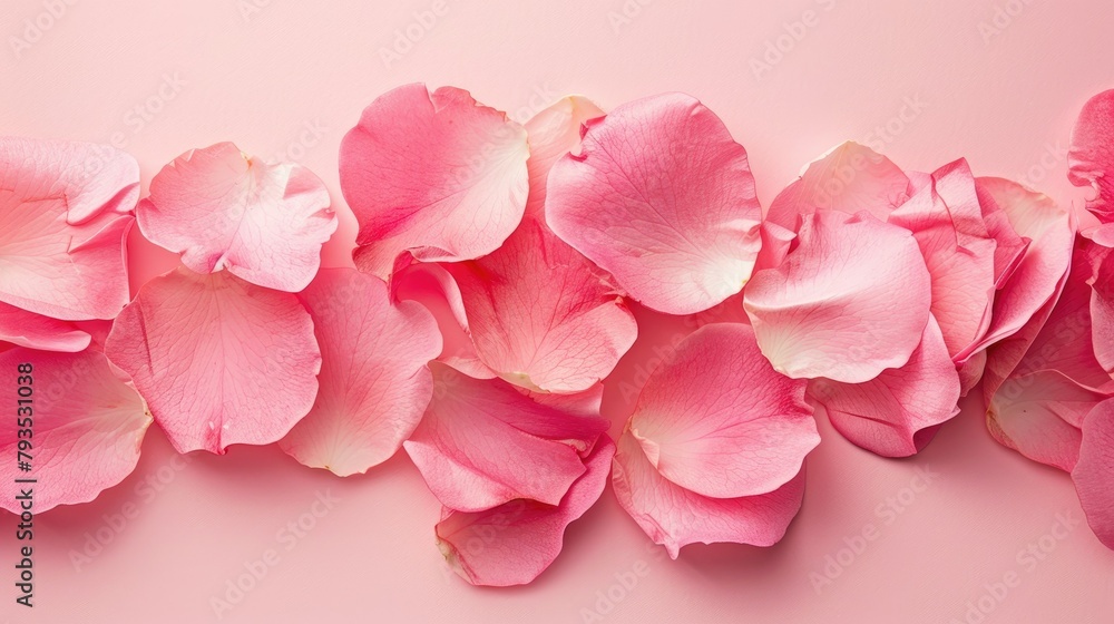 Delicate pink rose petals arranged on a soft pastel pink backdrop in a simple yet elegant style