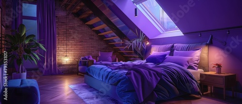 Panorama of a loft bedroom in purple/violet colors. --ar 7:3 --v 6.0 - Image #4 @kashif320 photo