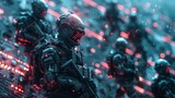 An elite squad of futuristic soldiers equipped with high-tech combat gear, featuring glowing red visors, ready for a cybernetic warfare operation.