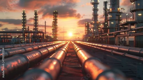 A 3D render reveals large industrial gas pipelines in a modern refinery during sunrise.
