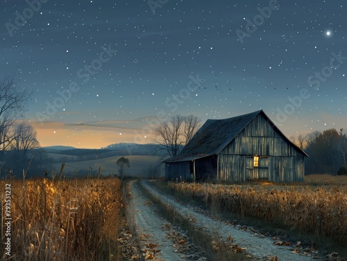 Rural Farm Night - Tranquility - Twilight Barn - A rustic farm scene with a weathered barn under the soft glow of twilight, surrounded by fields and distant hills