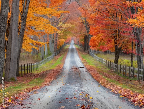 Rustic Autumn - Beauty - Country Road - A scenic country road lined with trees adorned in vibrant autumn colors  inviting travelers to journey through the heart of fall