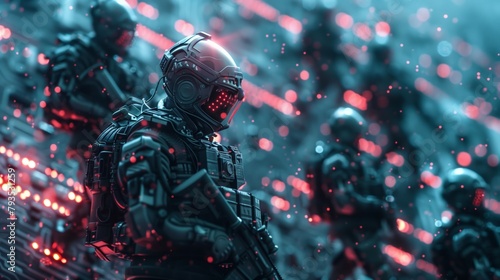 An elite squad of futuristic soldiers equipped with high-tech combat gear, featuring glowing red visors, ready for a cybernetic warfare operation. © Ckip