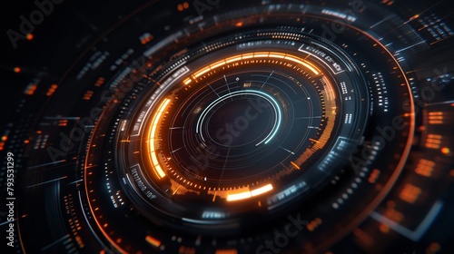 Detailed futuristic HUD circle with glowing elements. Technology and innovation concept with a focus on information display, data visualization, and user interfaces for interactive systems.