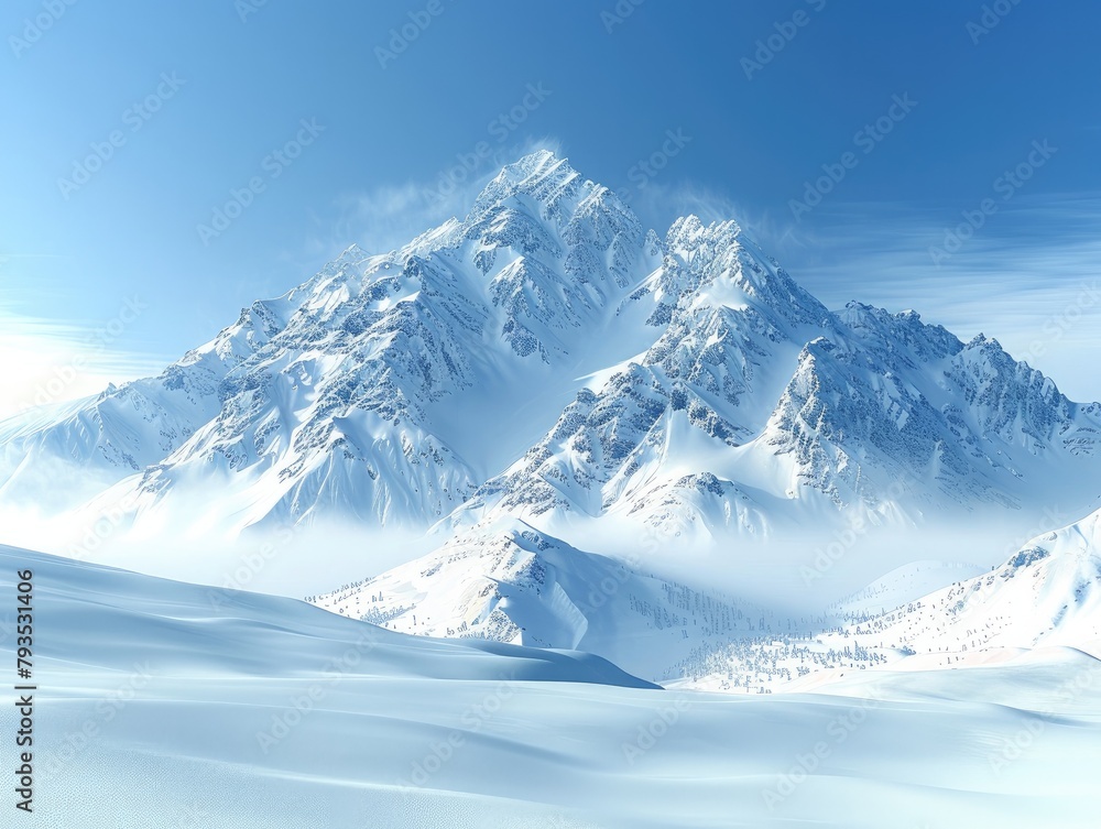 Snowy Mountain Peak - Majesty - Winter Wonderland - A majestic snow-capped mountain peak rising against a clear blue sky, surrounded by a pristine white landscape of untouched snow 