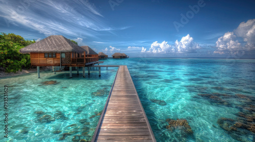 tropical resort and a bridge that leads down to the sea