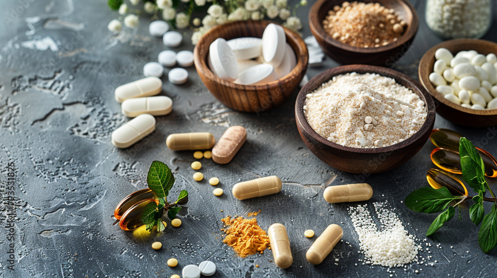 A variety of pills, tablets, capsules, and powders are arranged on a table. A variety of pills, tablets, capsules, and powders are arranged on a table.