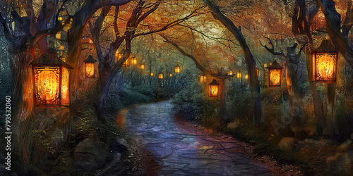 Path to Enlightenment: The Winding Path and Illuminated Lanterns - Imagine a winding path with lanterns lighting the way, symbolizing the path to enlightenment inspired by a deceased leader
