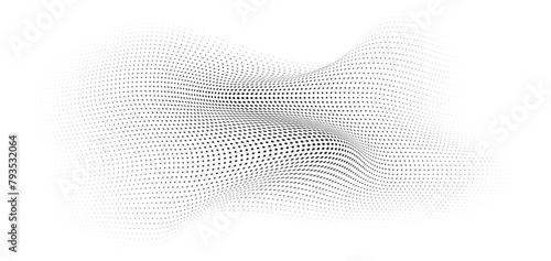 Flowing Wave Dot Halftone Pattern: Curve Gradient Shape on Transparent Background. Suitable for AI, Tech, Network, Digital, Science, and Technology Themes.