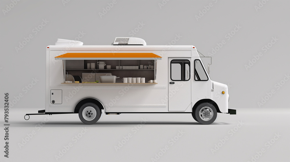 Mockup of white food truck with an open window and orange shading on the side on a plain white background.