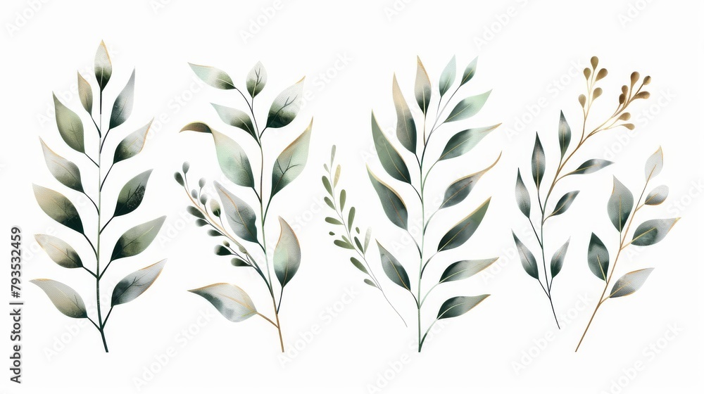 Collection of herbal branches with green and gold leaves, ideal for wedding concepts. Vector arrangements suitable for greeting card or invitation designs. Collection of herbal branches with green and gold leaves, ideal for wedding concepts. Vector arrangements suitable for greeting card or invitation designs.