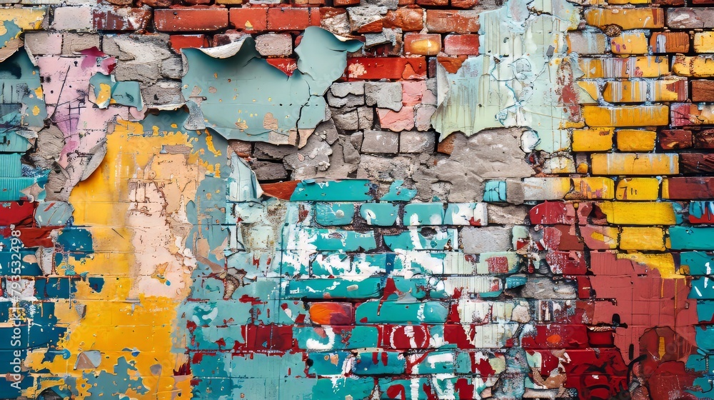 Naklejka premium A weathered brick wall with peeling layers of colorful graffiti, embodying the beauty of urban decay in a minimalistic approach
