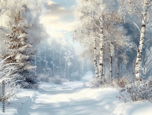 Winter Forest - Tranquility - Frosty Retreat - A tranquil winter forest enveloped in a blanket of snow, with frost-kissed branches and delicate icicles hanging from the trees