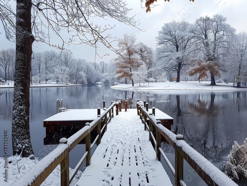 Winter Lake - Tranquility - Snowy Silence - A serene winter lake surrounded by snow-covered trees, with the still waters reflecting the icy beauty of the season