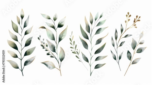 Collection of herbal branches with green and gold leaves  ideal for wedding concepts. Vector arrangements suitable for greeting card or invitation designs.