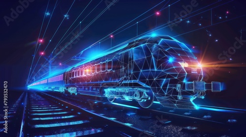 Train electric locomotive with carriages from futuristic polygonal blue lines and glowing stars for banner, poster, greeting card. AI generated photo