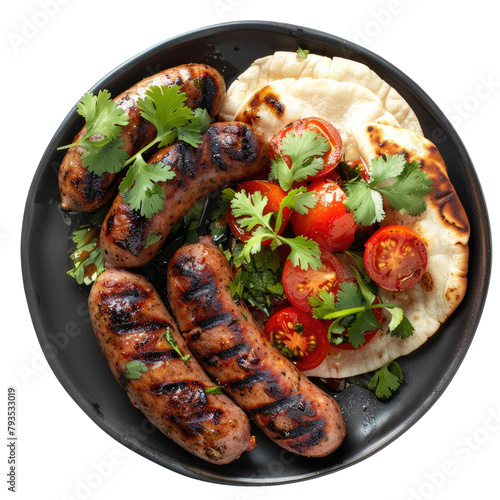 A delicious Italian inspired dish featuring grilled sausage tomato flat bread and fresh cilantro beautifully displayed on transparent background photo