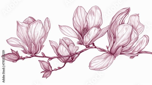 Drawing and sketch of pink magnolia flowers with line art on white backgrounds.
