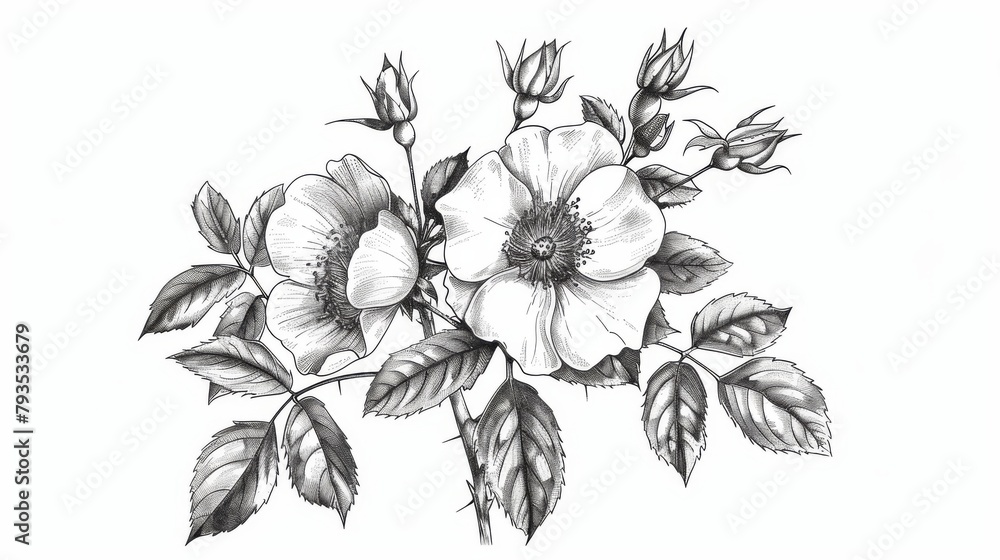 Hand-drawn sketch of rosa canina flower presented in black and white with line art illustration. Hand-drawn sketch of rosa canina flower presented in black and white with line art illustration.