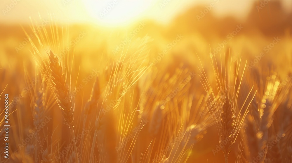 Fototapeta premium Rural Summer Scene Golden Wheat Field Bathed in Sunlight at Sunset