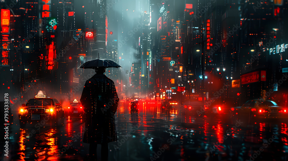 Urban Cyberpunk Lifestyle. Person in Raincoat and Umbrella in Futuristic Cityscape, Modern Technology and Urban Street Life. Futuristic Rainy Day in Cyberpunk City. Human with Coat.