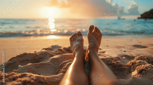 A woman lie on the beach with legs in sand, Feet on sand, Legs of woman reclining on beach photo