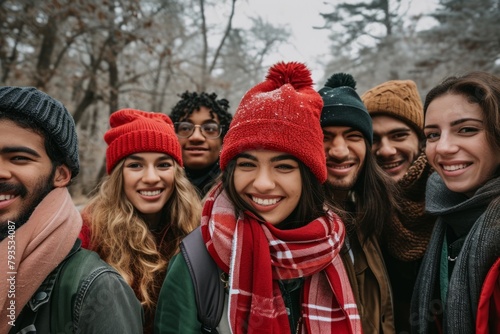 Group of young friends in warm clothes and scarves walking in the park.