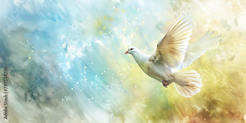 Spiritual Journey: The Ascending Dove and Open Sky - Visualize a dove ascending into an open sky, symbolizing the spiritual journey of a deceased leader's soul.