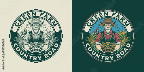 Farmer holding vegetable logo vintage style illustration for farming industry