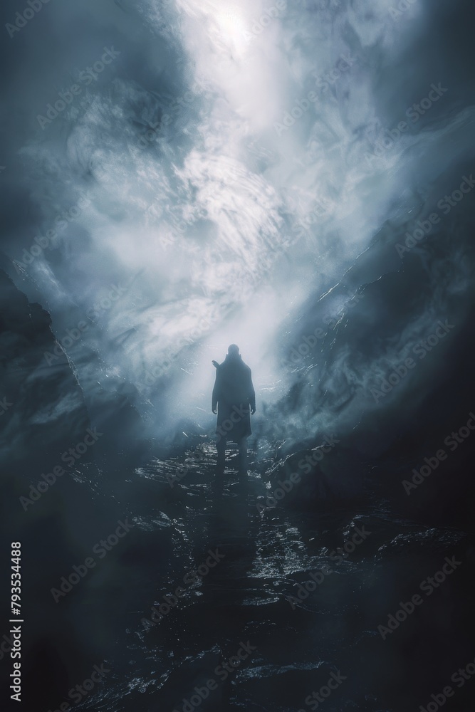 Fototapeta premium Mysterious lone wanderer in misty mountains