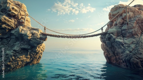 Illustration of a rope bridge suspended between two large rocks, presented as a 3D render.