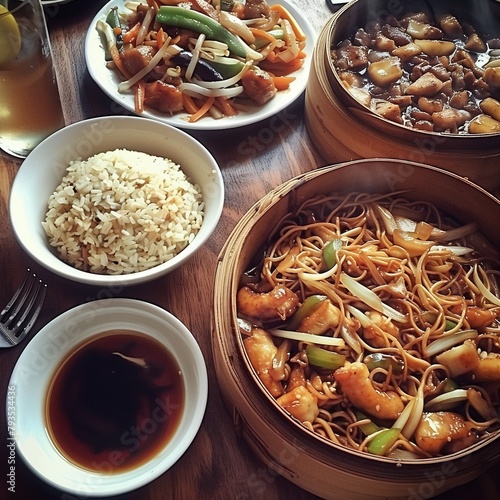 Un delicioso acercamiento a una mesa con diversos platos asiáticos