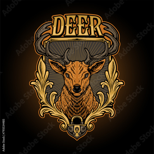 Deer with shield vintage style illustration for t-shirt