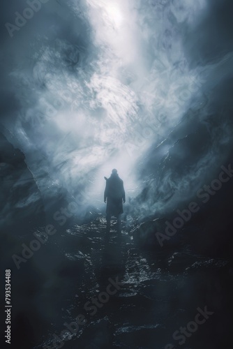 Mysterious lone wanderer in misty mountains © Dreamsign