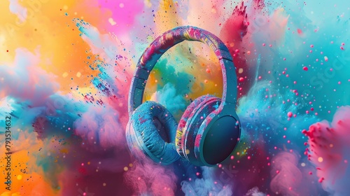 headset headphones isolated with colorful powder splashes on black background photo