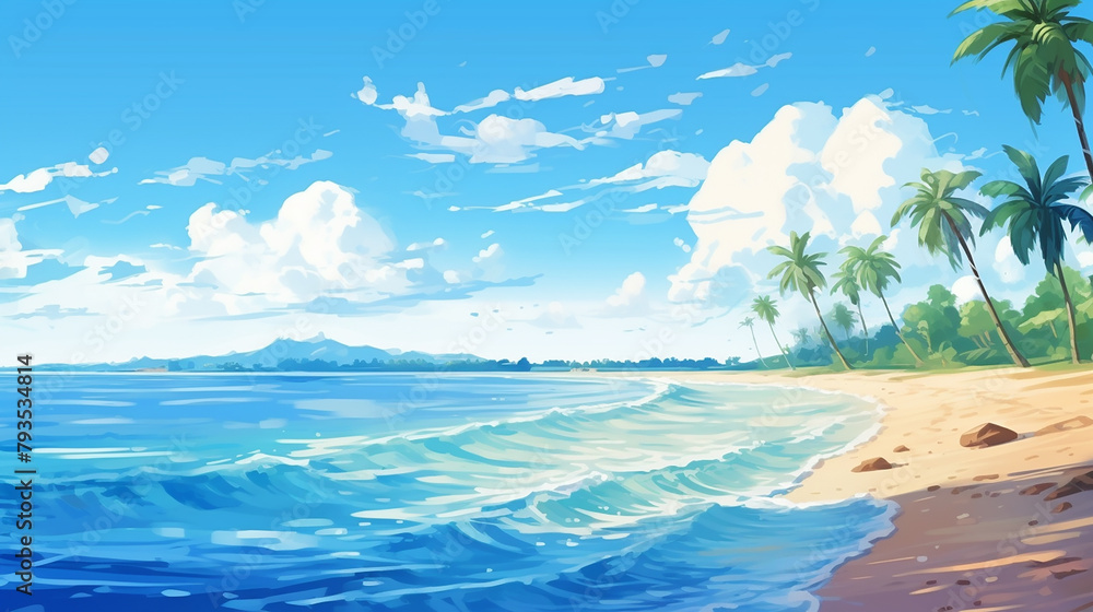 beautiful summer background with beach and palm trees in sea. cartoon anime illustration