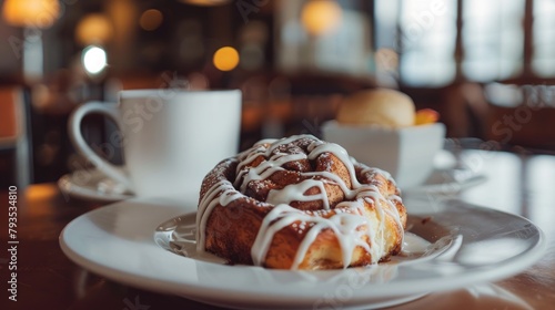 Image of a cinnamon roll on a white plate for morning meal photo