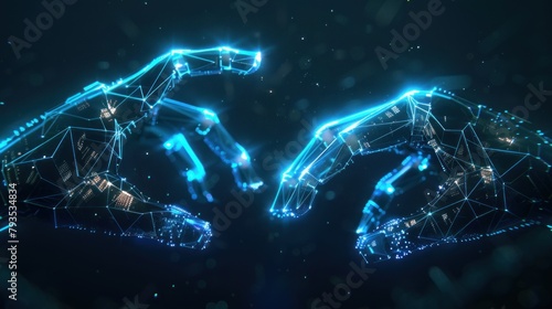 The hands of manipulators of the robot from futuristic polygonal blue lines and glowing stars for banner, AI generated photo