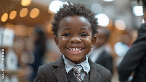 african black children dressed in School uniform business attire, chatting and laughing at an exhibition or trade show. They stand by their booth, displaying products.