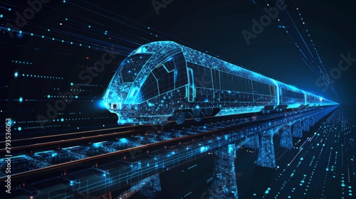 Low poly 3D illustration showing a high-speed train moving on a rail bridge. This abstract representation highlights concepts related to transport, traveling, logistics, and tourism.
