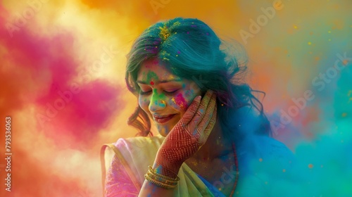 A photo of an Indian woman , playing with holi powder on HMD, wearing a saree, holding her face painted in colors, surrounded by colorful powder dust,
