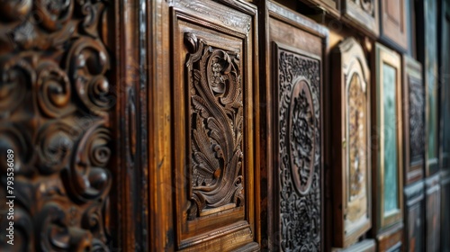 Vintage wood cabinet doors lined up, their intricate textures highlighted in a luxurious market display