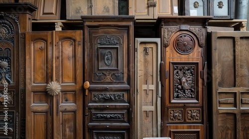 A panorama of wood cabinet doors, each telling a story of luxury and history, lined up at a market