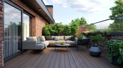 Modern rooftop terrace panorama featuring dark wood deck flooring, plants, brick fence, and black garden furniture.